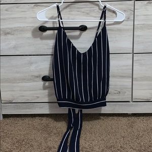 blue and white striped crop top tie in the back